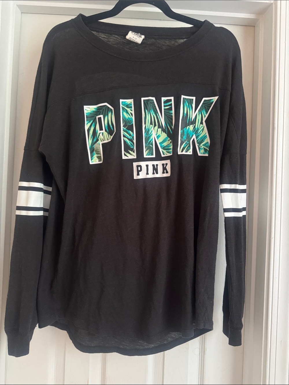Victoria's Secret PINK Black Long Sleeve Tee with Green Palm Lettering